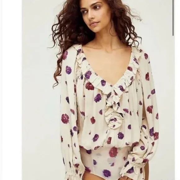 Free People Floral Poppy Printed Bodysuit Ruffle lace Cream Size S Pink - Picture 14 of 14